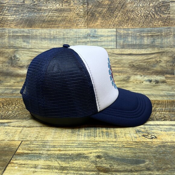 Red Hot Chili Peppers Mens Trucker Hat Navy Snapback RHCP Retro Logo Ball Cap - Picture 4 of 8